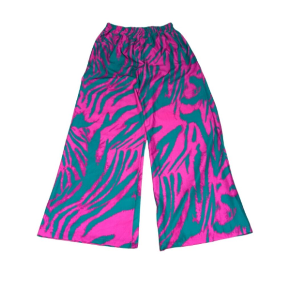 Gently Worn Pink & Hunter Green Wavy Print Q2 Wide-Leg Pants Size M (BB0931)